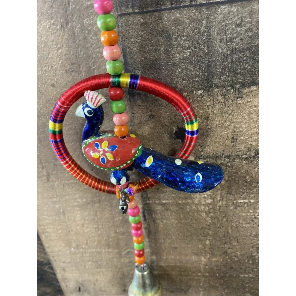 India‎ Door Wall Hanging Hand Painted Brass Bells Beads Bird Toran Decor Garland